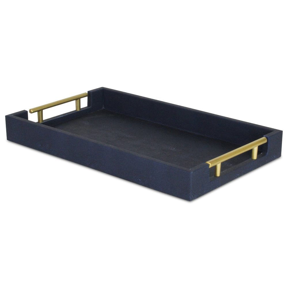 16" Navy Blue Wood Faux Shagreen Serving Tray With Handles
