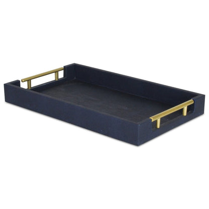 16" Navy Blue Wood Faux Shagreen Serving Tray With Handles
