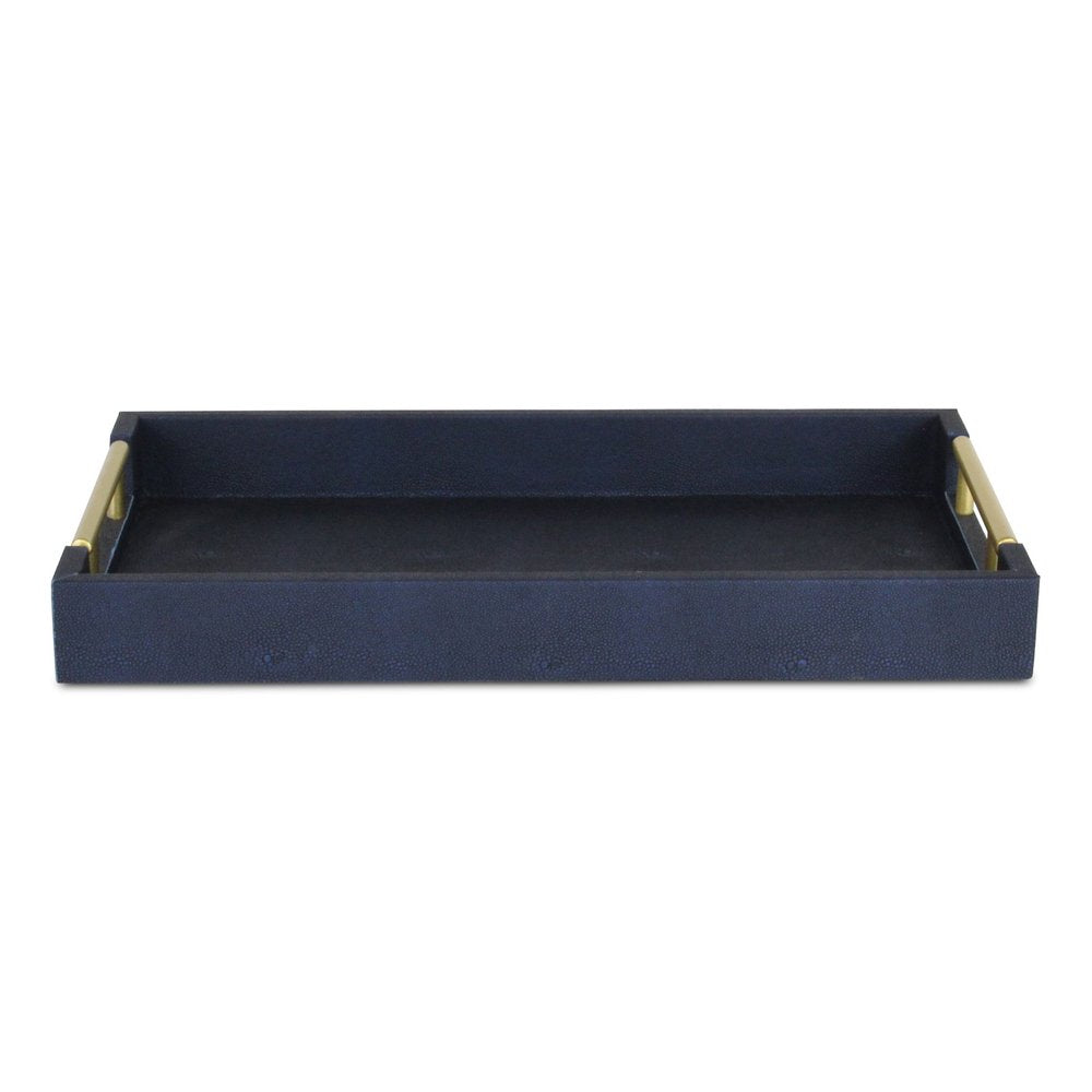 16" Navy Blue Wood Faux Shagreen Serving Tray With Handles