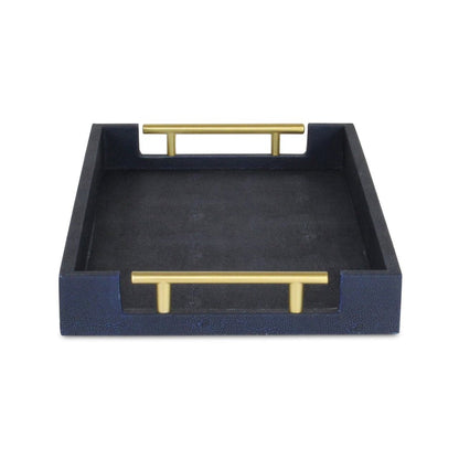 16" Navy Blue Wood Faux Shagreen Serving Tray With Handles