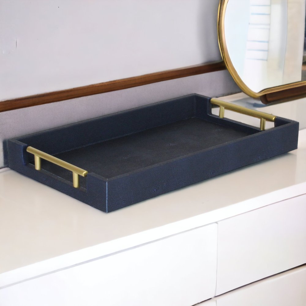 16" Navy Blue Wood Faux Shagreen Serving Tray With Handles