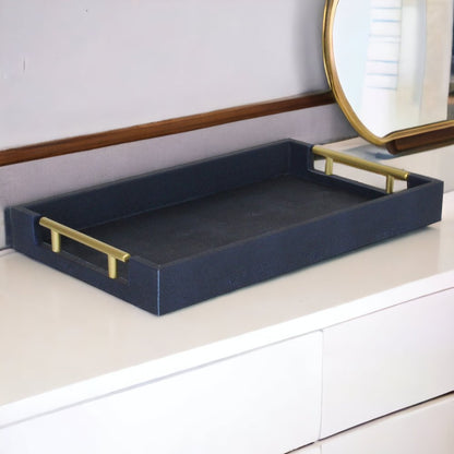 16" Navy Blue Wood Faux Shagreen Serving Tray With Handles