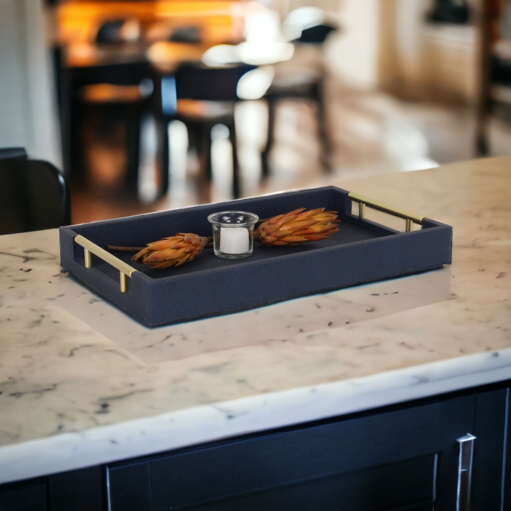 16" Navy Blue Wood Faux Shagreen Serving Tray With Handles