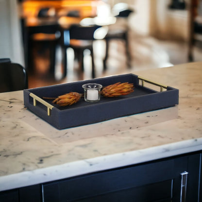 16" Navy Blue Wood Faux Shagreen Serving Tray With Handles
