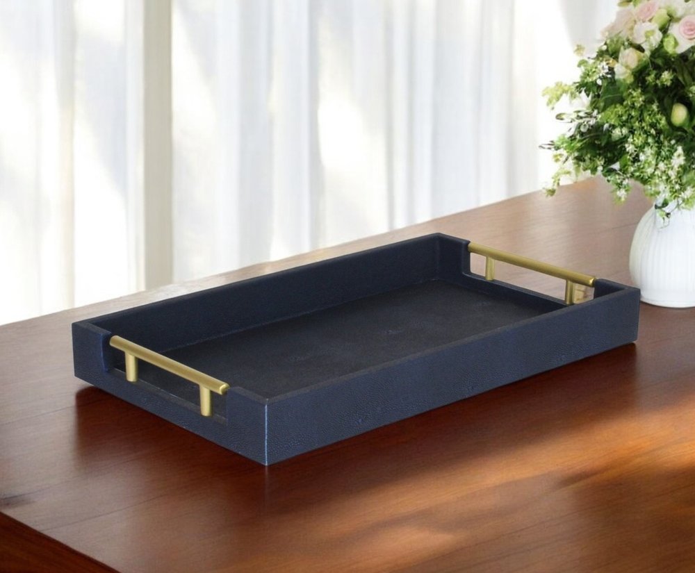 16" Navy Blue Wood Faux Shagreen Serving Tray With Handles