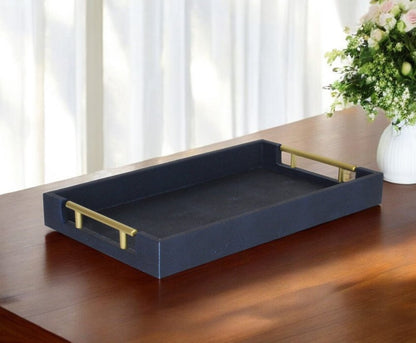 16" Navy Blue Wood Faux Shagreen Serving Tray With Handles