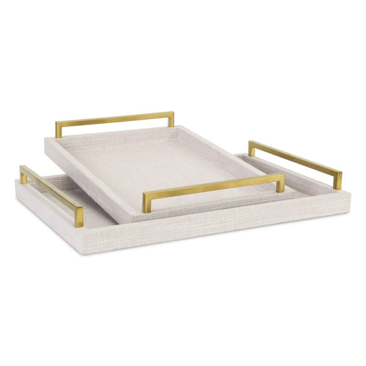 Set of Two Off White Wood and Fabric Nested Serving Trays With Gold Handles