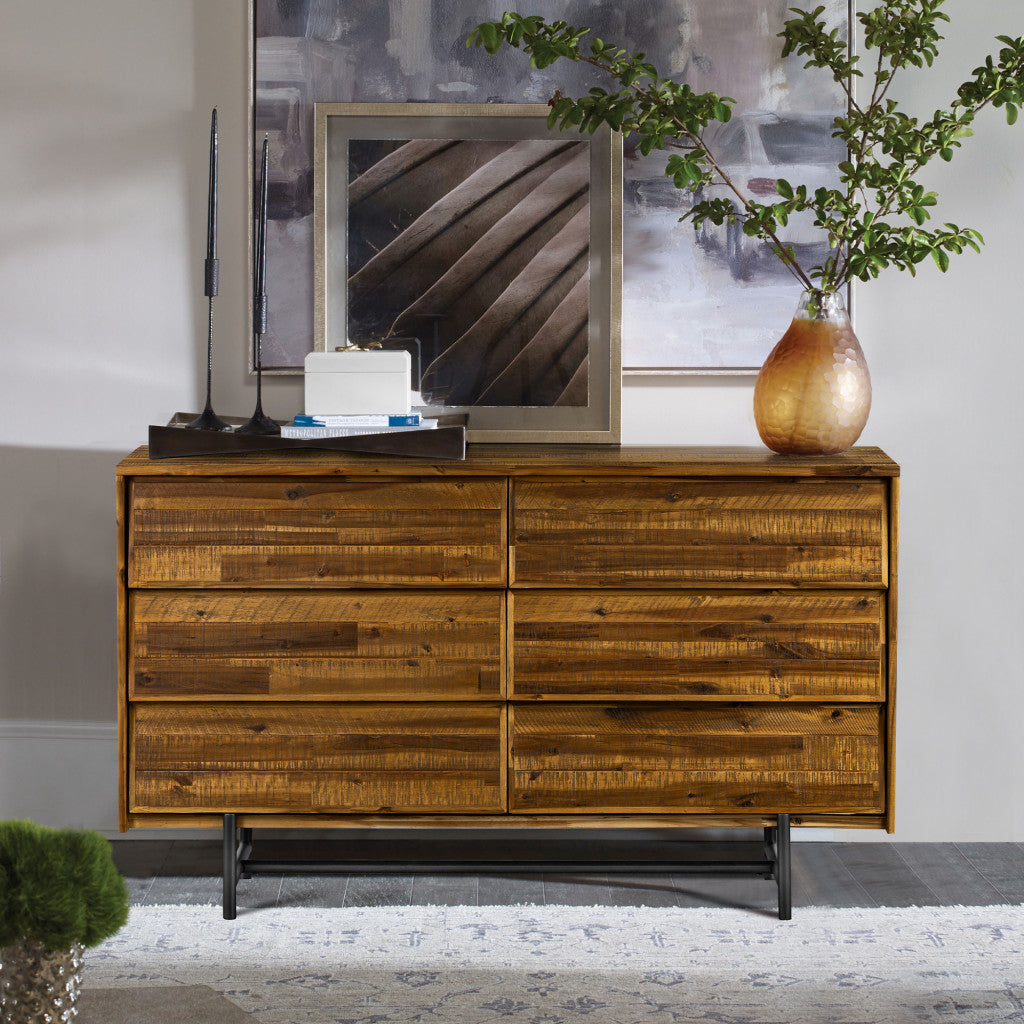 57" Brown and Black Solid Wood Six Drawer Double Dresser