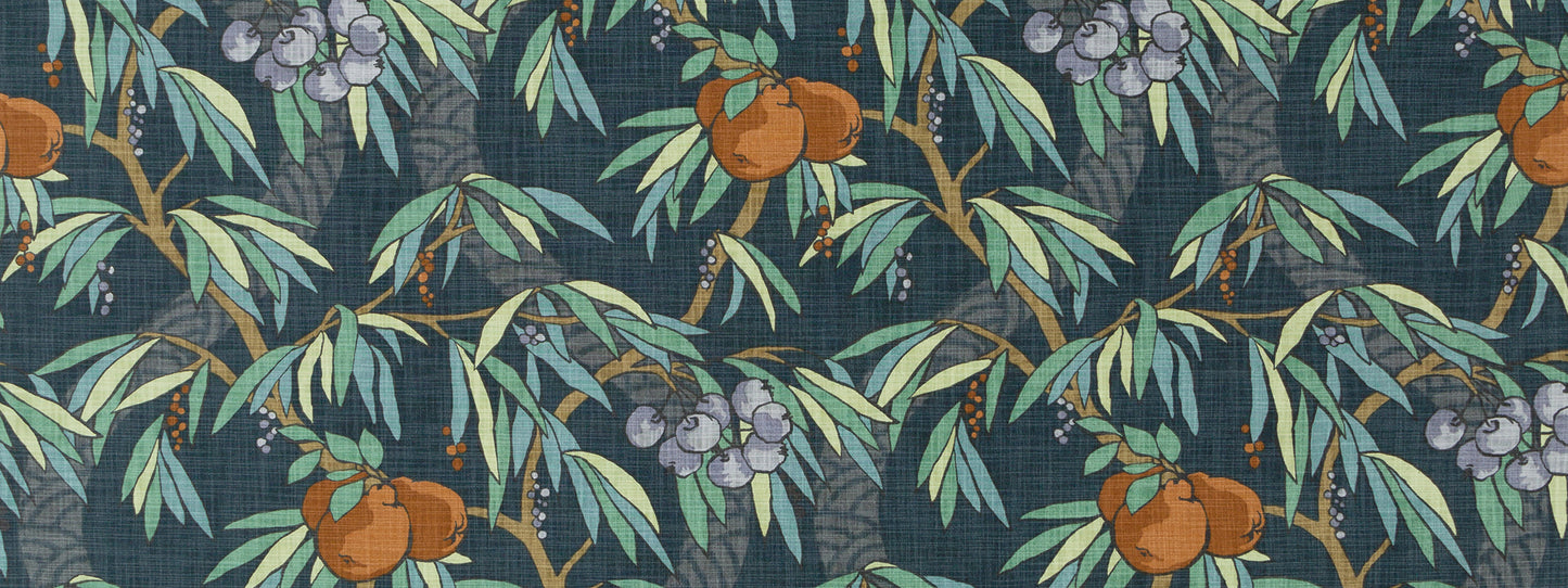 Teal tropical botanical fabric with green leaves, orange fruits, and purple blossoms.