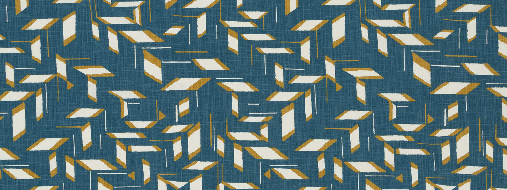 Teal background with tan interlocking chevron shapes in a repeating geometric motif.
