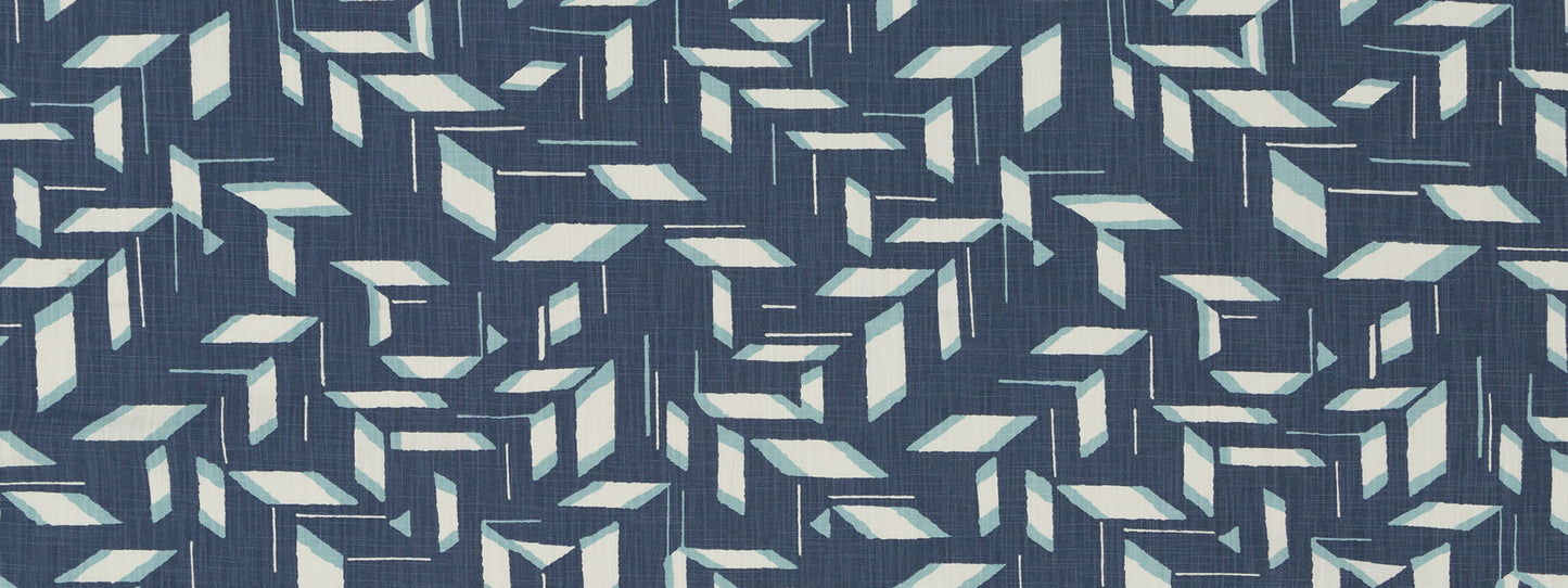 Navy textile with pale blue geometric chevron pattern of repeating arrow shapes.
