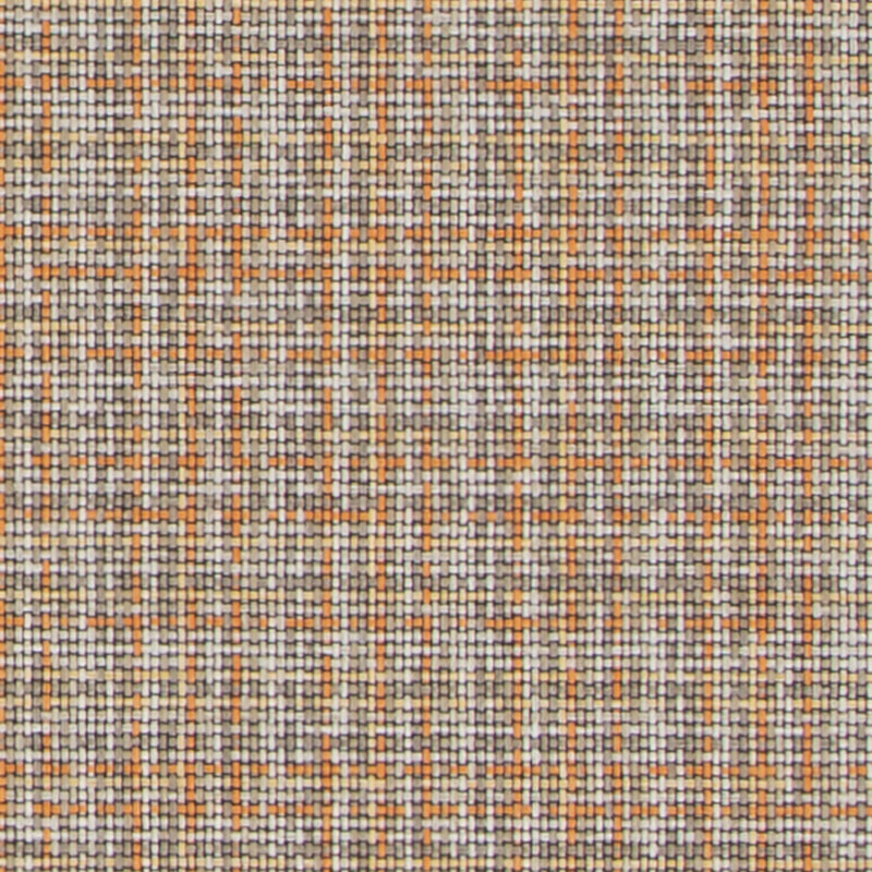 Woven plaid fabric swatch in orange, beige and grey threads with a tight grid texture.