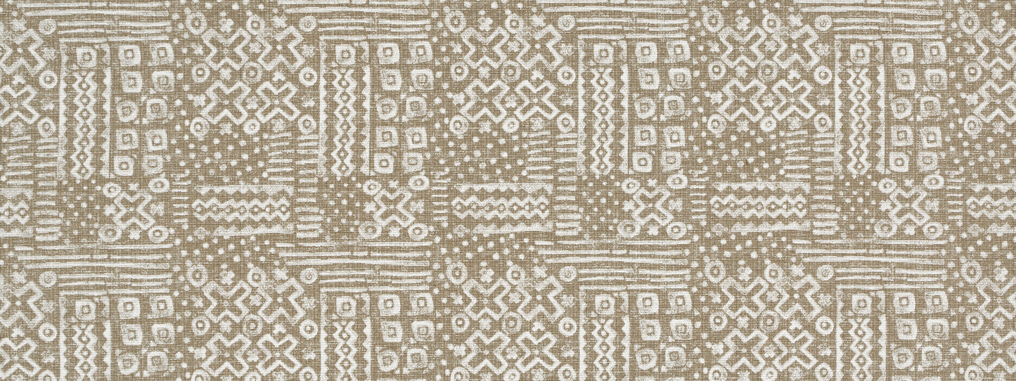 Beige and taupe woven fabric with repeating geometric tribal pattern.