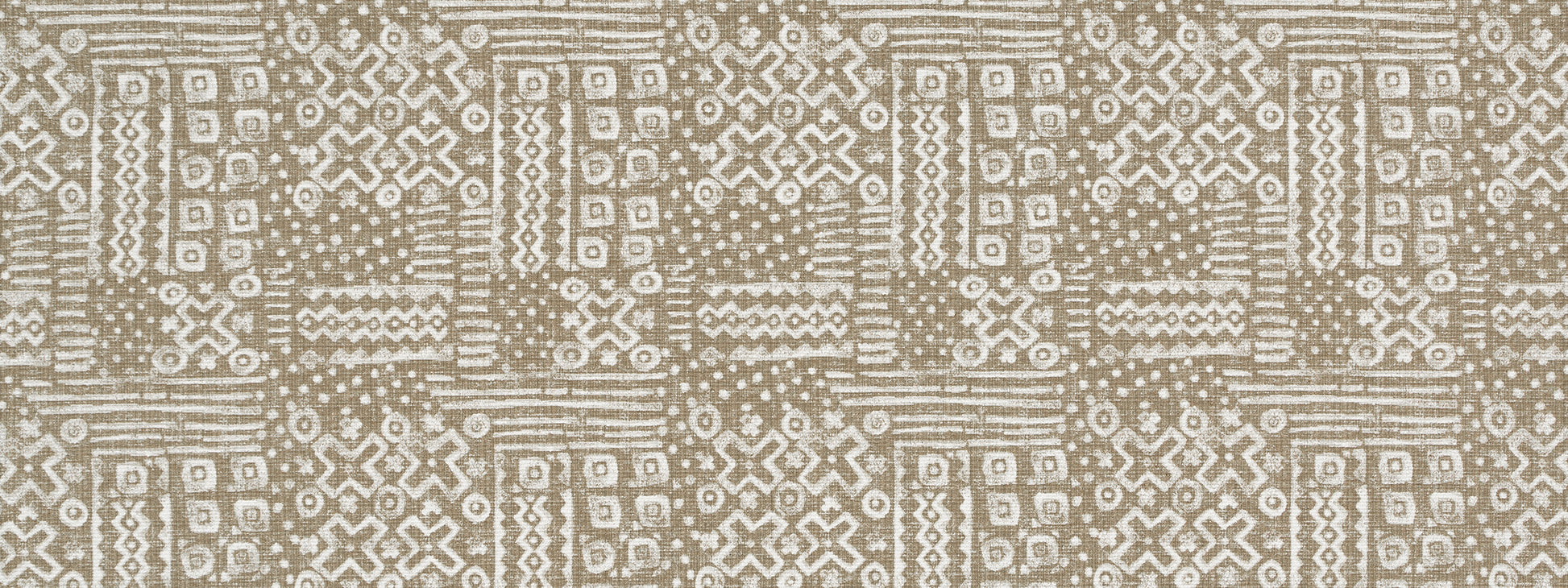 Beige and taupe woven fabric with repeating geometric tribal pattern.