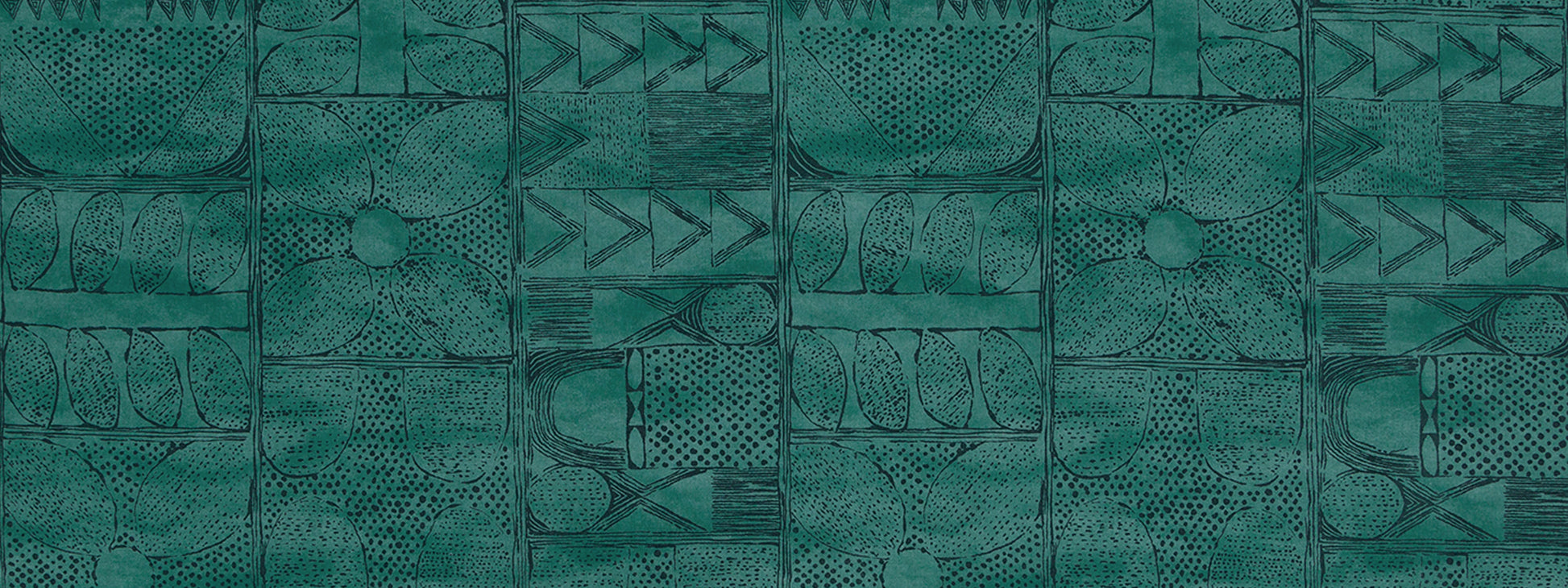 Teal patchwork fabric print swatch with geometric blocks, triangles and circles.