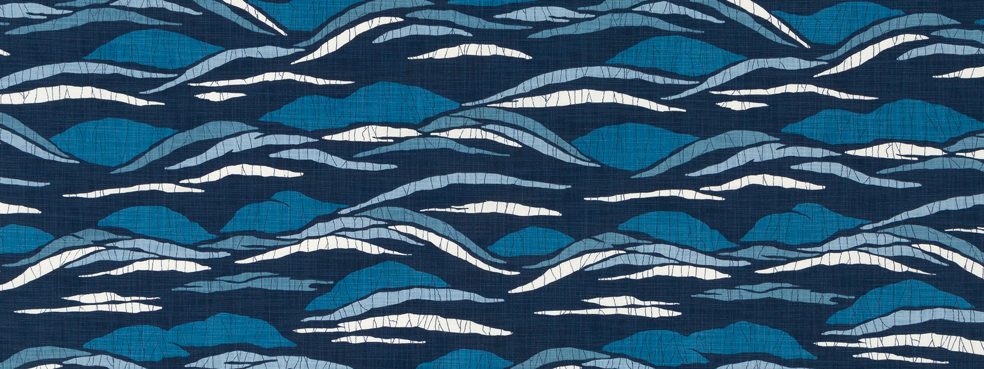 Abstract ocean-inspired fabric pattern with navy, teal, and white wavy stripes.