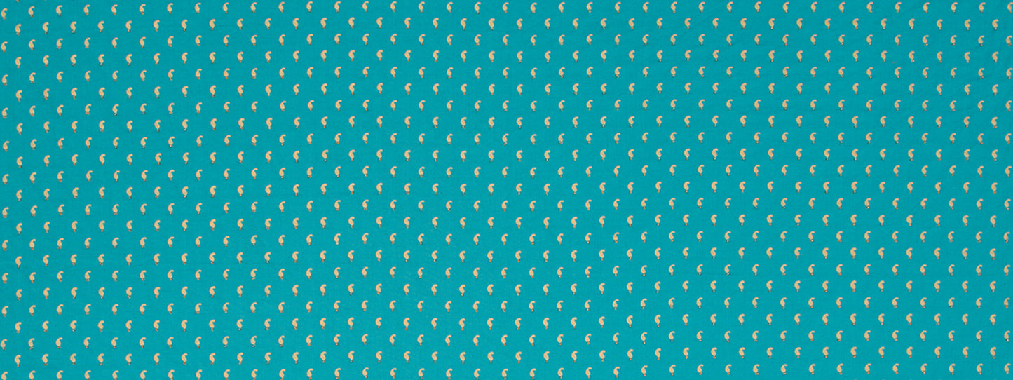 Turquoise fabric with a repeating small yellow teardrop/leaf motif; bold textile pattern for upholstery or apparel.