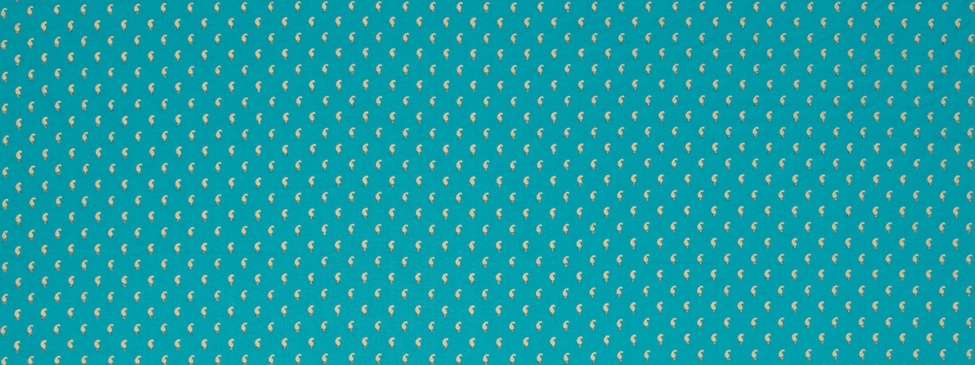 Turquoise fabric with a repeating small yellow teardrop/leaf motif; bold textile pattern for upholstery or apparel.