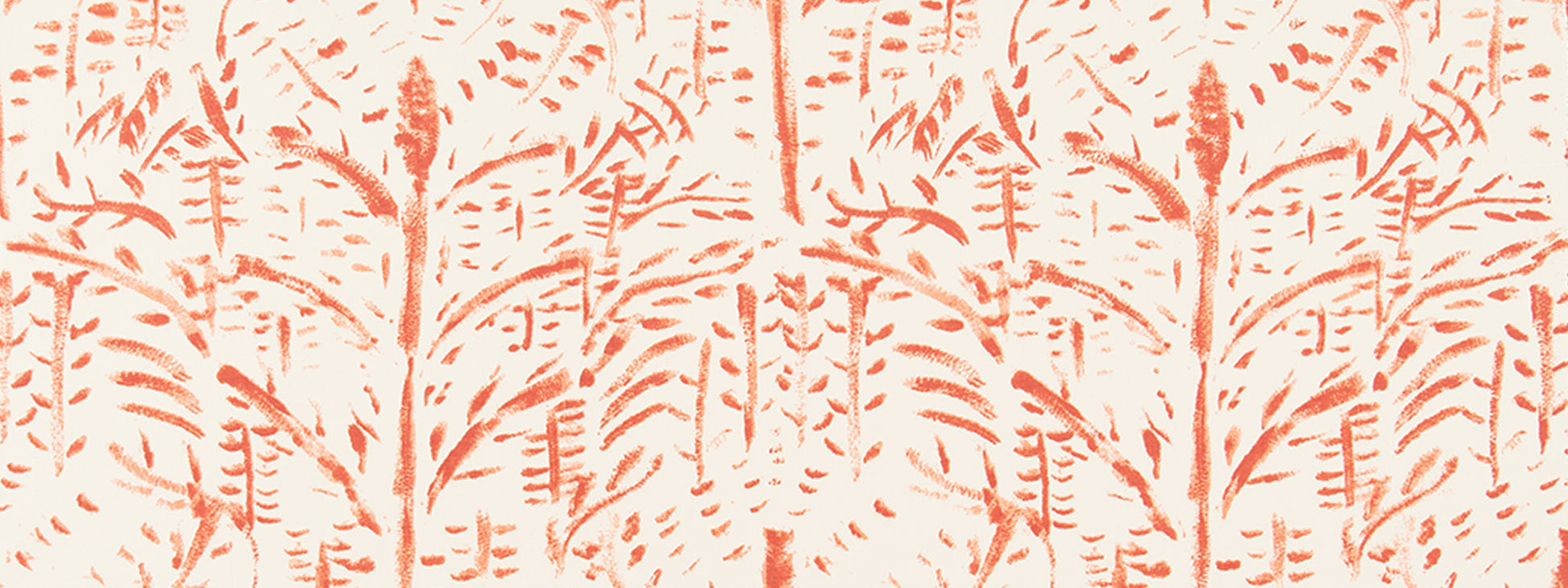 Coral-orange botanical pattern featuring fern-like fronds on a pale peach background; textile or wallpaper motif.