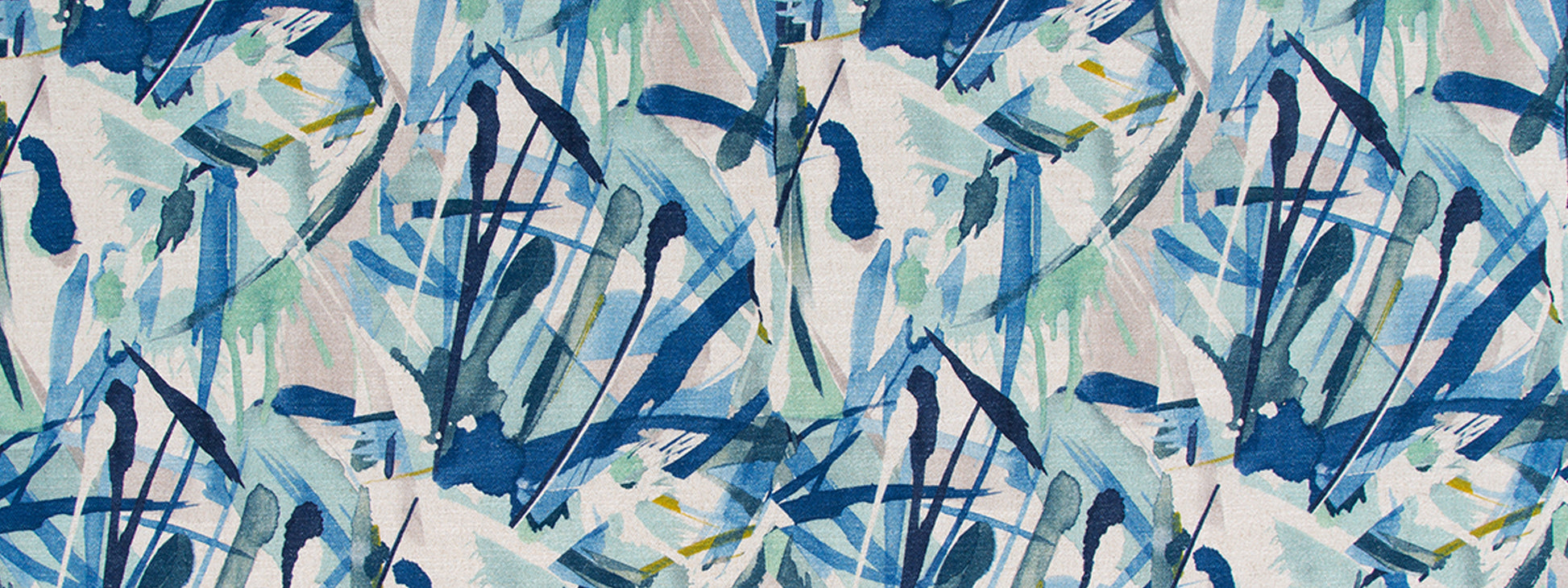 Abstract blue and teal brushstroke pattern with pale green accents on a light background.