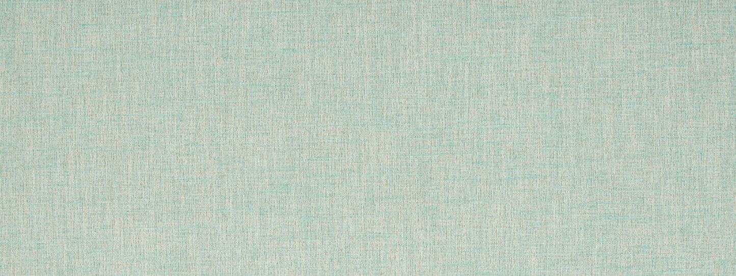Aqua upholstery fabric close-up with a woven, linen-like texture and subtle cross-hatch.