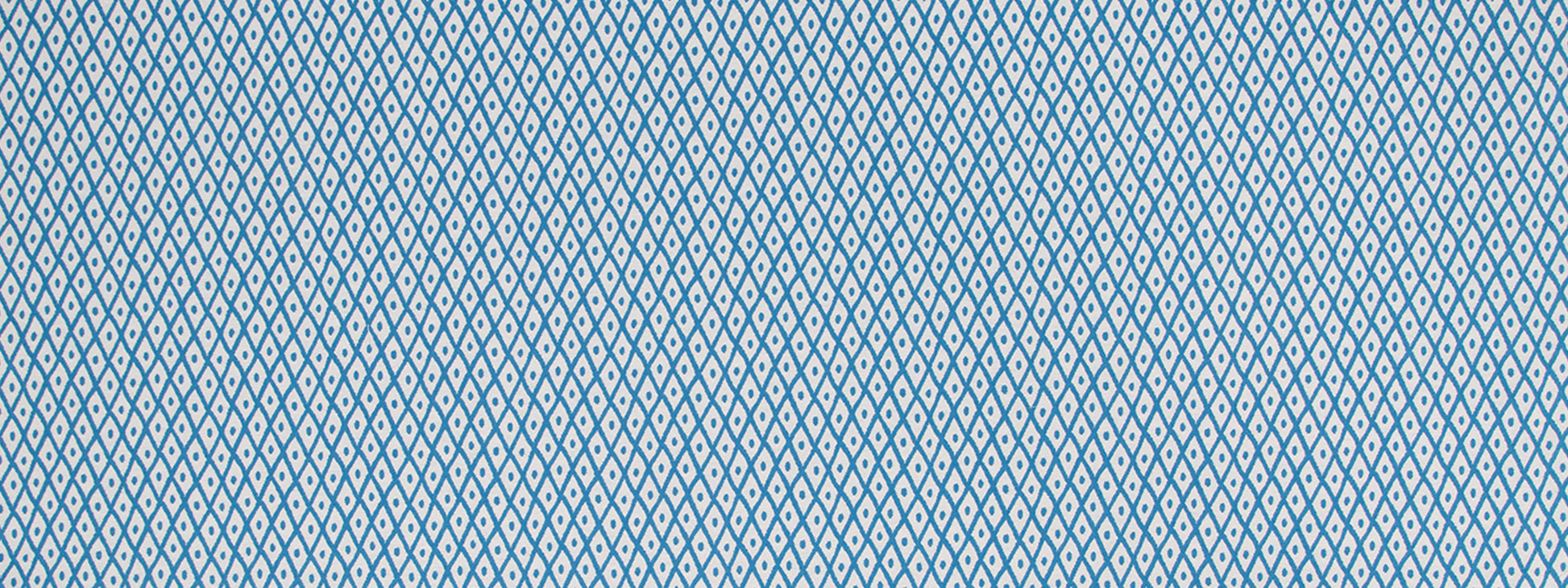 Light blue fabric with a repeating blue diamond lattice pattern; geometric, woven textile.