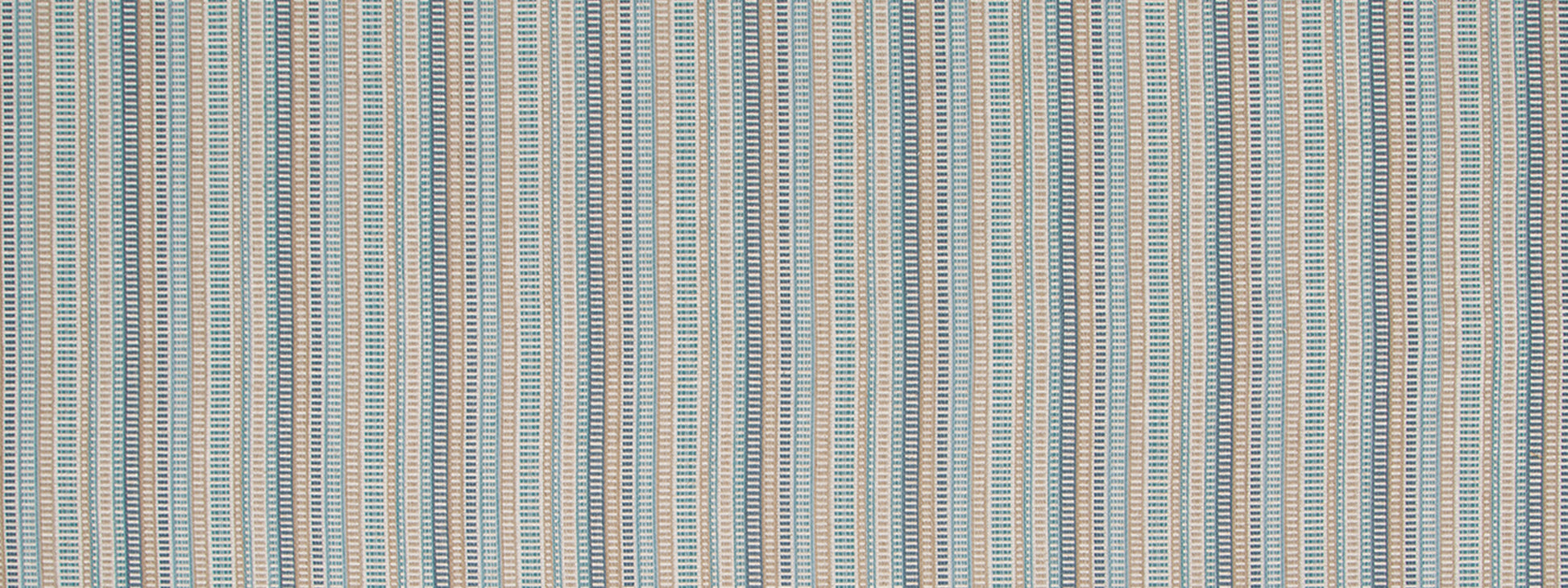 Beige & blue striped woven fabric with teal accents; vertical narrow stripes for upholstery.