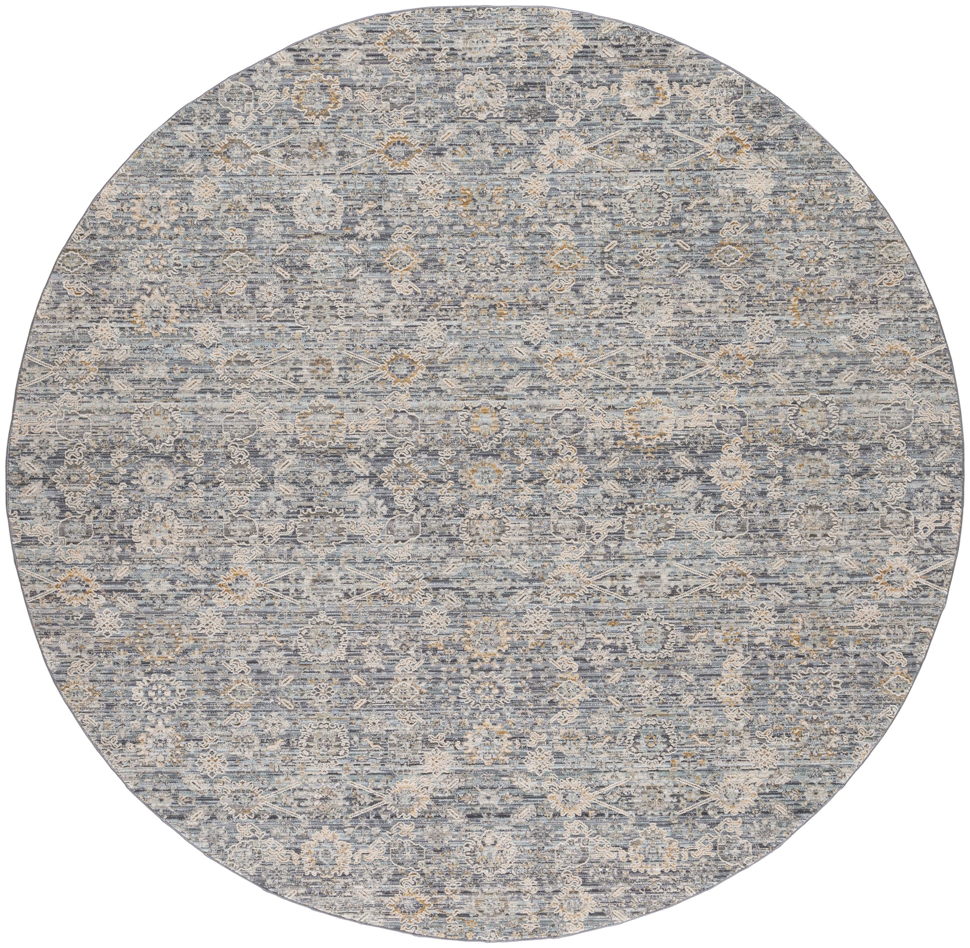 Round blue-gray rug with distressed vintage pattern of ivory floral medallions, soft and ornate.