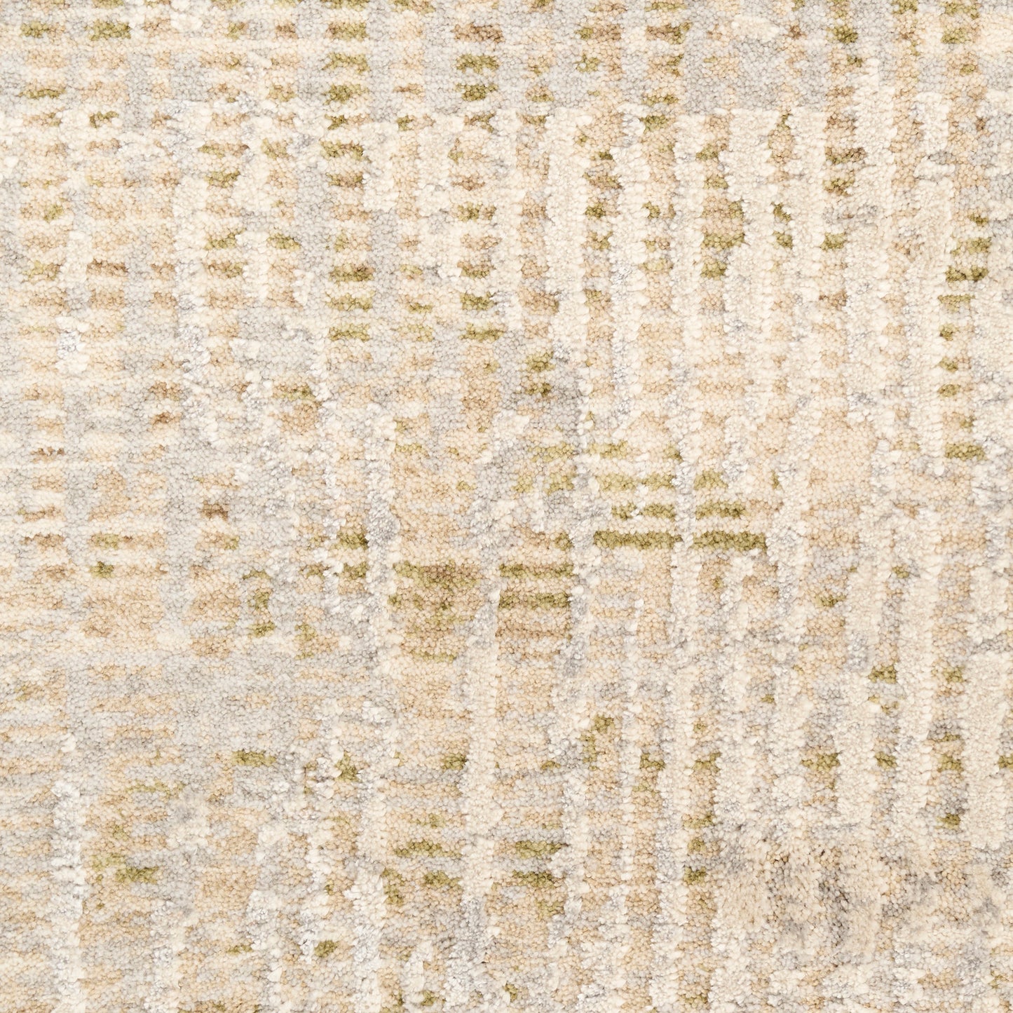 Neutral beige textured rug with subtle cream and sage accents in a soft abstract pattern.
