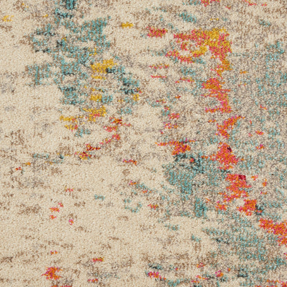 Beige shag rug with abstract teal, turquoise, yellow & pink patches; plush, textured, modern area rug.