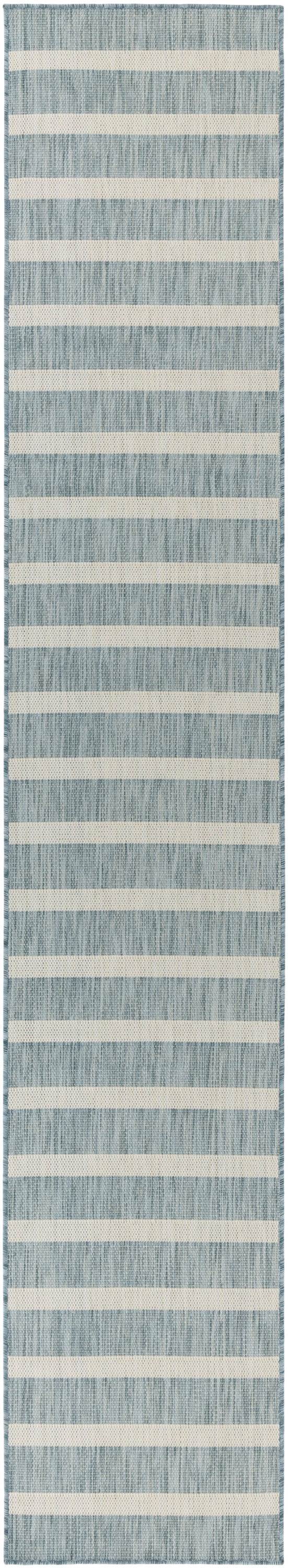 Blue woven rug runner with cream horizontal stripes; textured, long hallway/doorway rug.