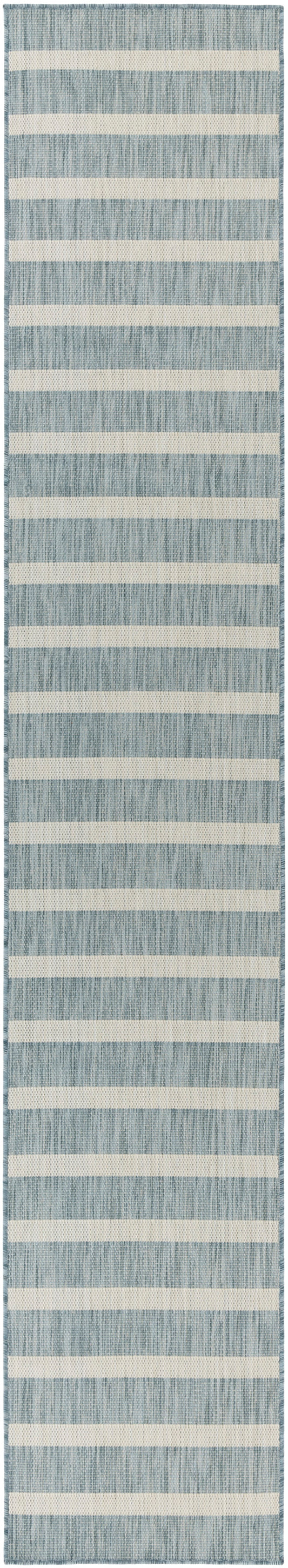 Blue woven rug runner with cream horizontal stripes; textured, long hallway/doorway rug.