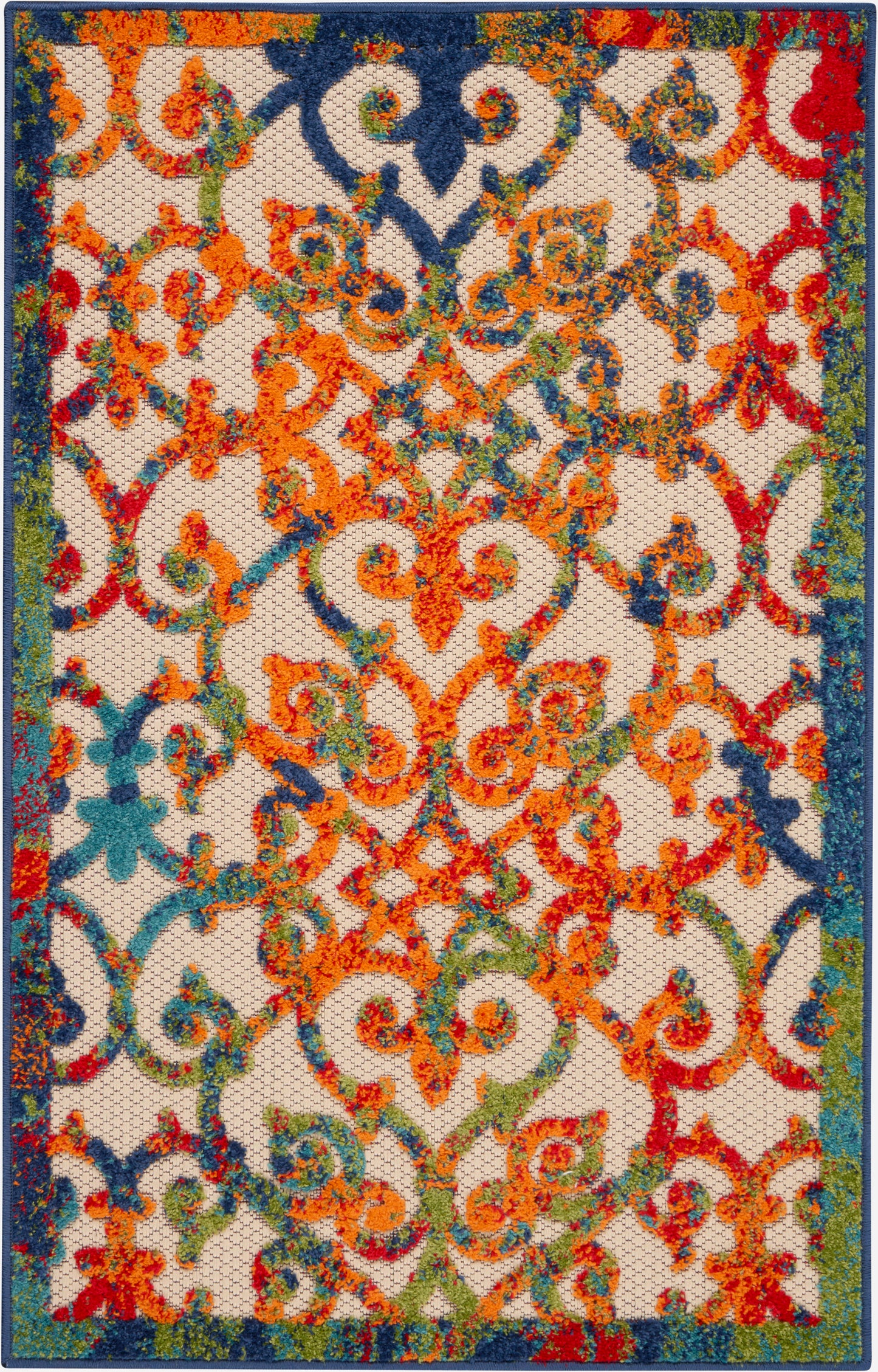 Colorful oriental rug with orange, blue, green and teal scrollwork on cream backdrop; bold blue-green border.