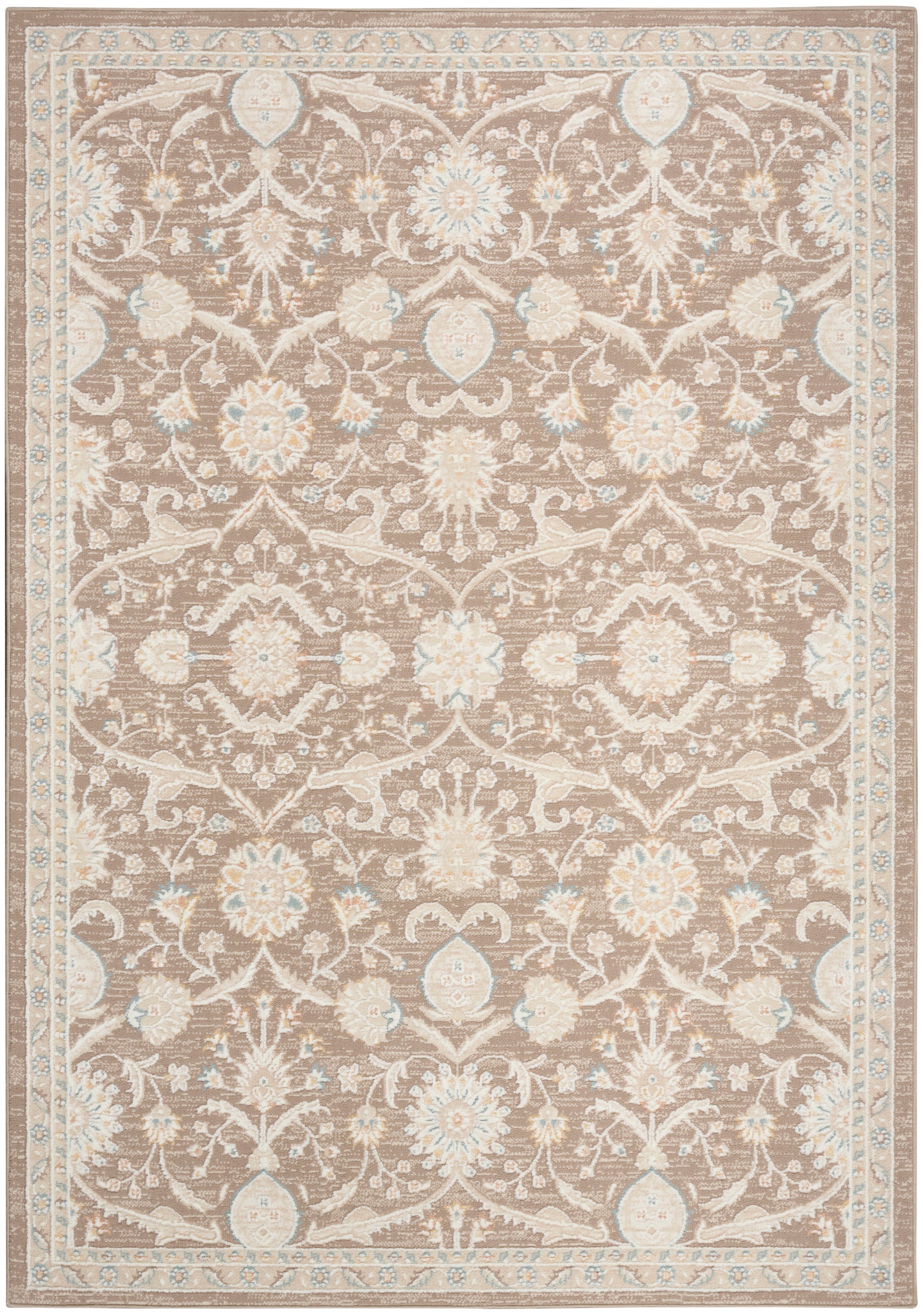 Rectangular beige-brown oriental rug with ivory floral scrollwork, pale blue accents, and an ornate border