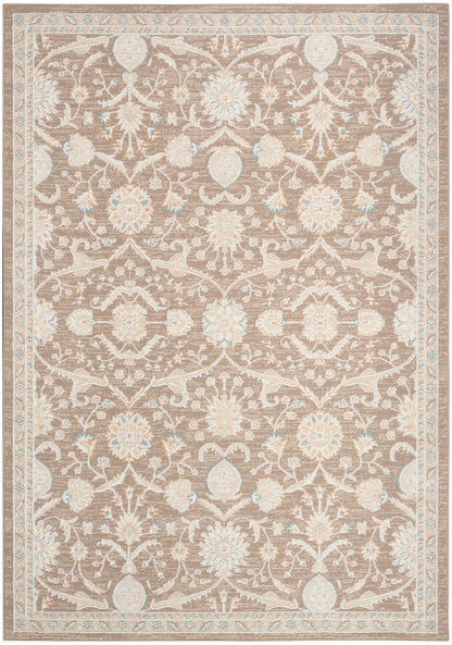 Rectangular beige-brown oriental rug with ivory floral scrollwork, pale blue accents, and an ornate border