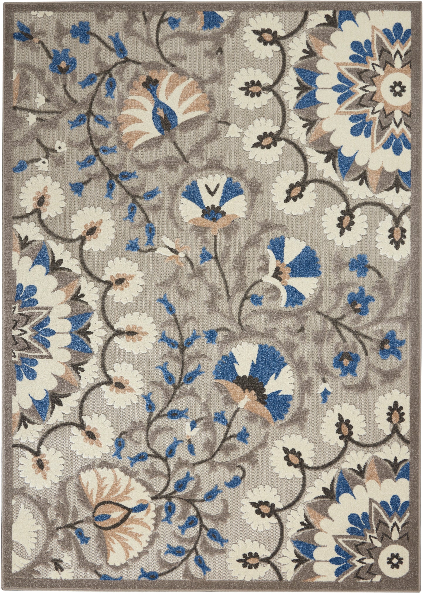 Beige floral area rug with blue, white and tan petals; large mandala blooms and winding vines.