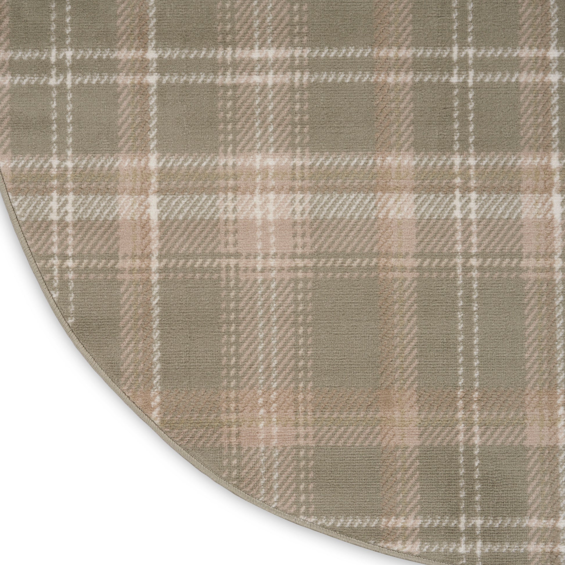 Round plaid rug in beige, taupe and pale pink, soft woven fabric with stitched edge.