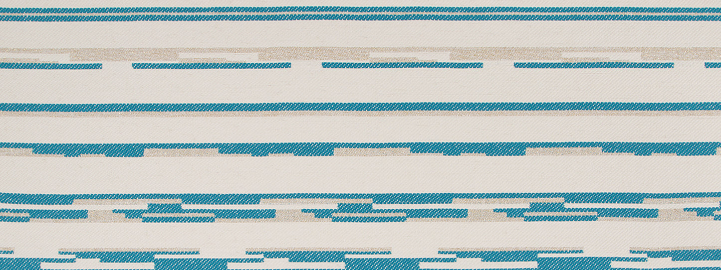 Blue and teal horizontal striped upholstery fabric on white background; abstract, modern stripe design.