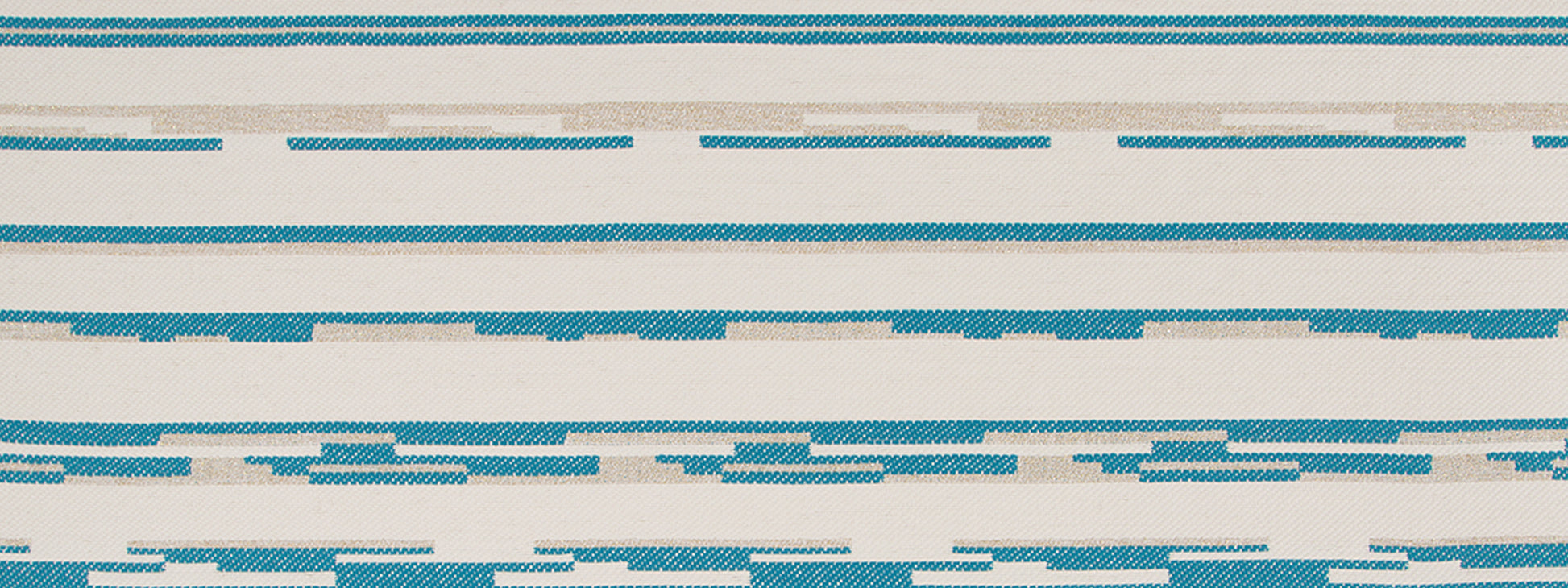 Blue and teal horizontal striped upholstery fabric on white background; abstract, modern stripe design.