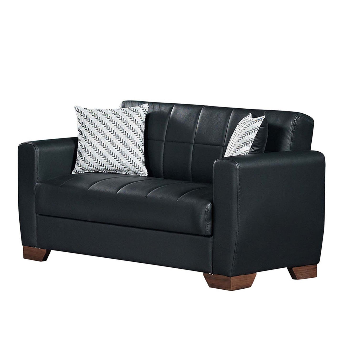 52" Black Brown Faux Leather Futon Convertible Sleeper Love Seat With Storage And Toss Pillows