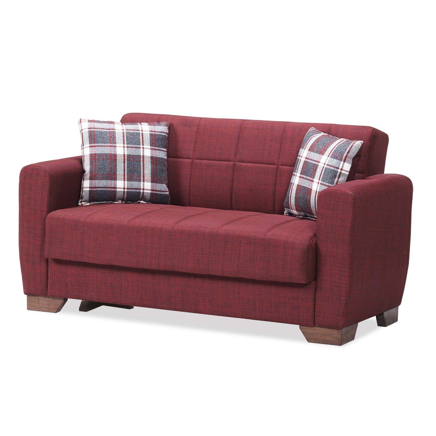 52" Burgundy Brown Chenille Futon Convertible Sleeper Love Seat With Storage And Toss Pillows