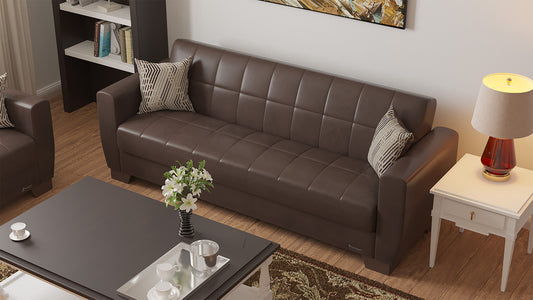 84" Brown Faux Leather Sleeper Sleeper Sofa And Toss Pillows