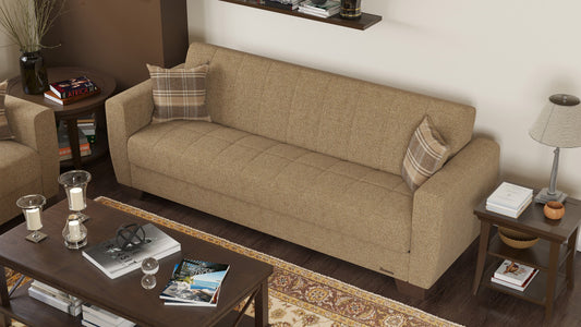 84" Beige Chenille And Brown Sleeper Sleeper Sofa With Two Toss Pillows