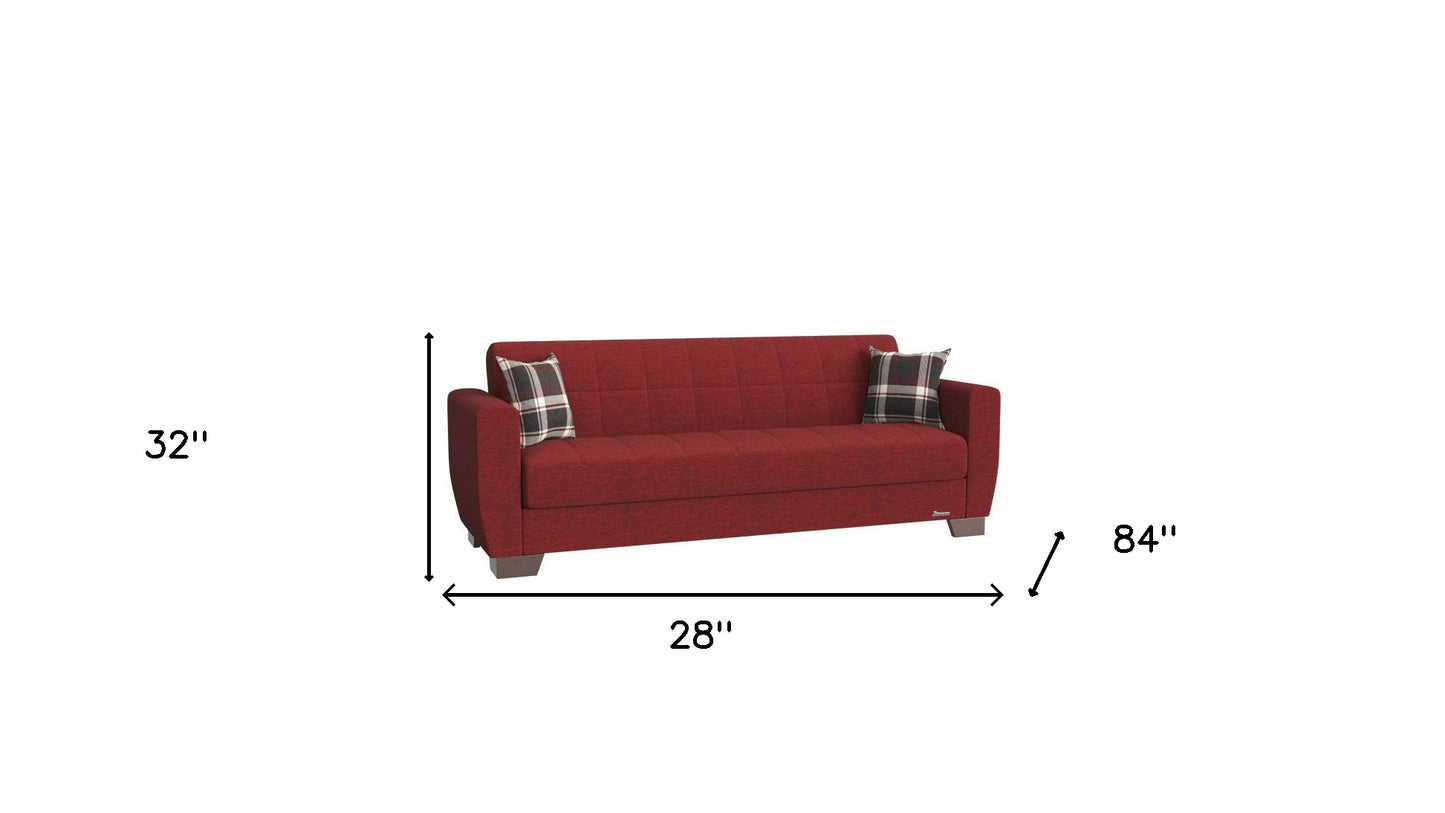 84" Burgundy Chenille And Brown Sleeper Sleeper Sofa With Two Toss Pillows