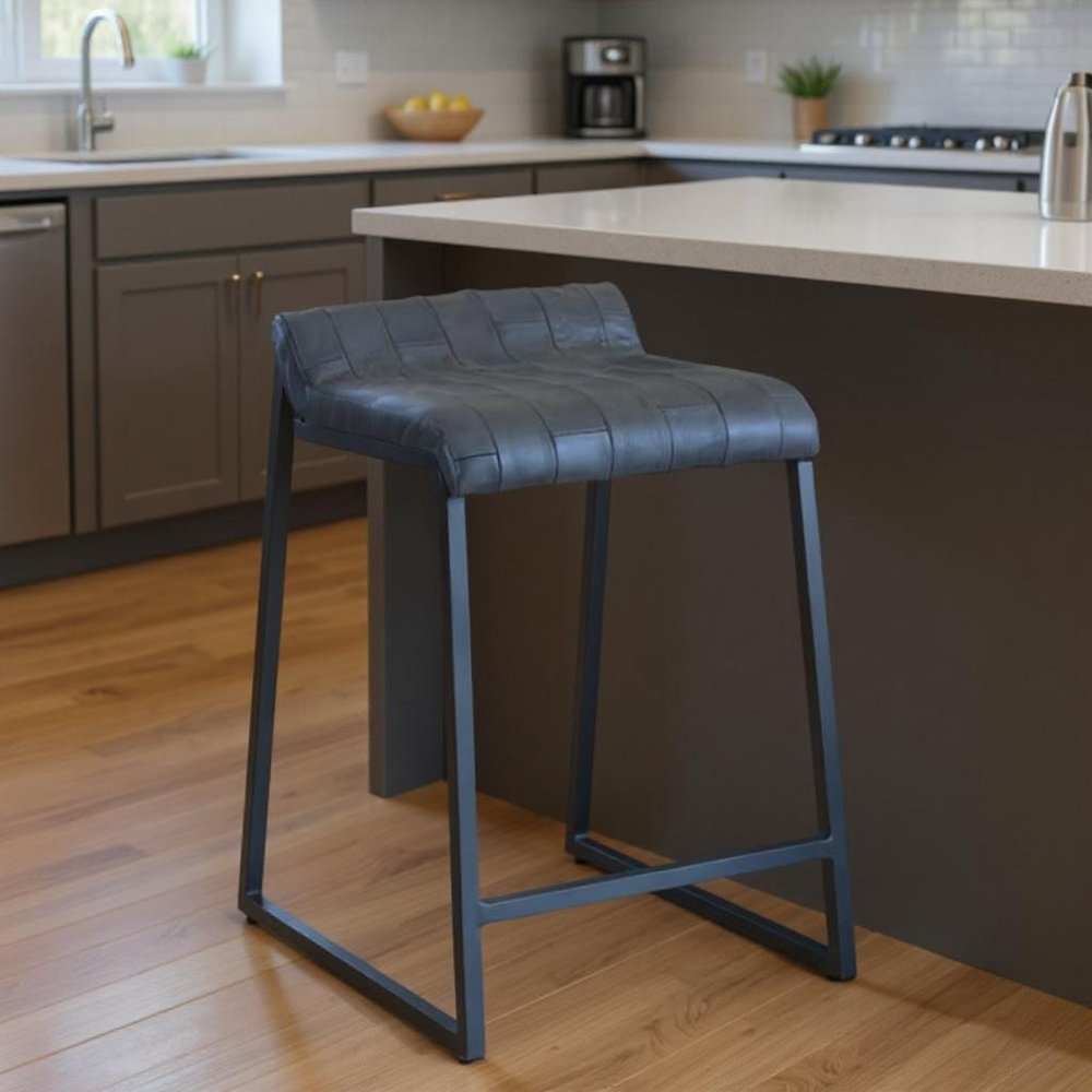 25" Gray Genuine Leather And Iron Low Back Counter Height Bar Chair