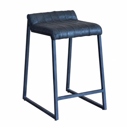25" Gray Genuine Leather And Iron Low Back Counter Height Bar Chair