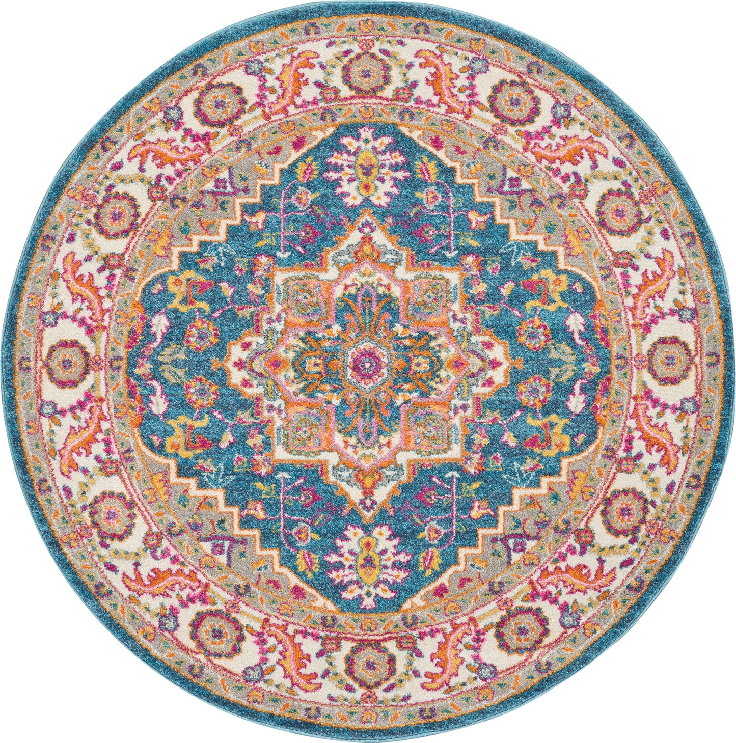 Round oriental rug with teal center, vibrant multicolor medallion and decorative border in pink, orange, cream.