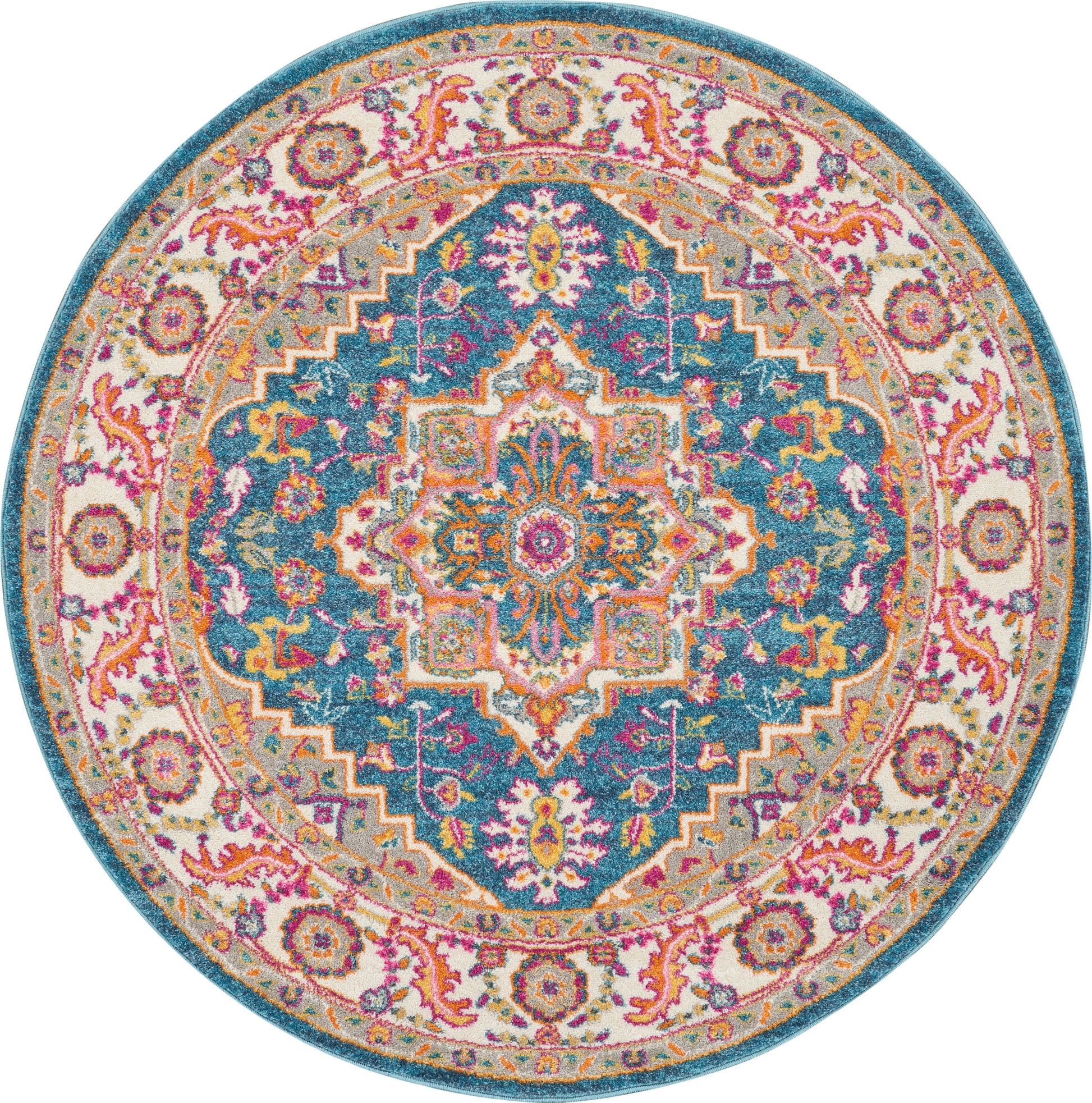 Round oriental rug with teal center, vibrant multicolor medallion and decorative border in pink, orange, cream.