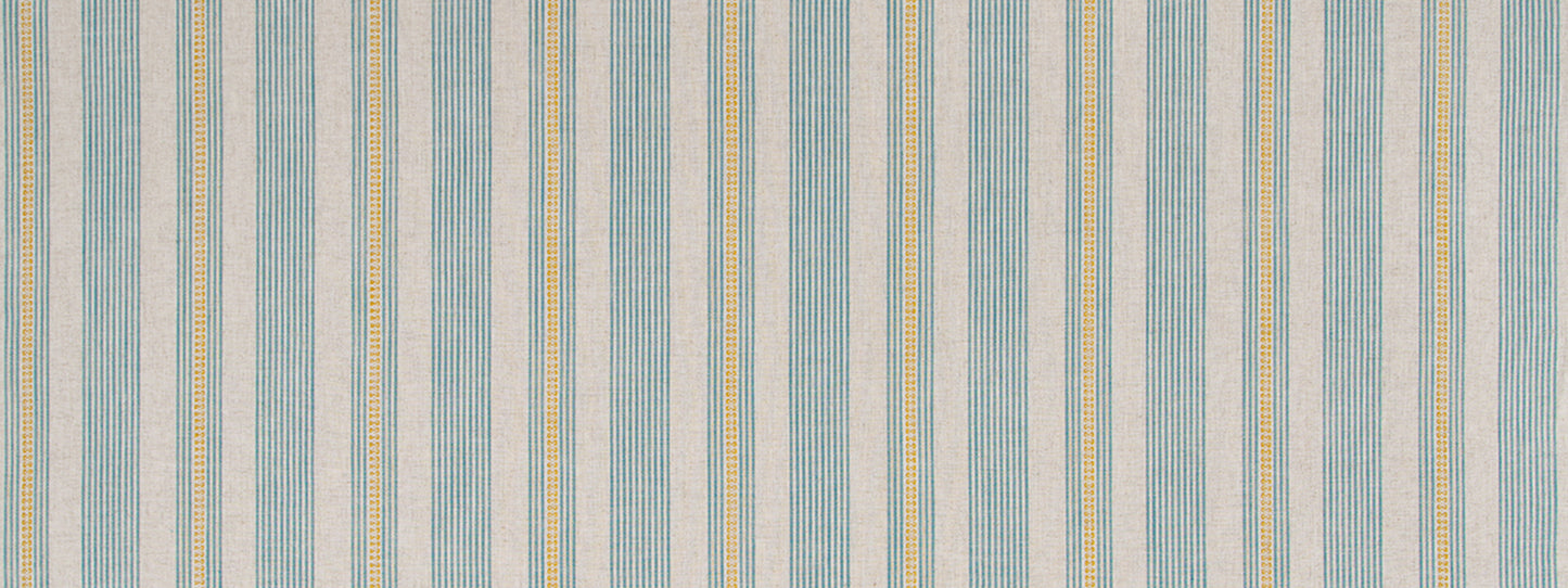 Vertical striped wallpaper in light blue, beige, cream and pale yellow with a subtle textile-like pattern.