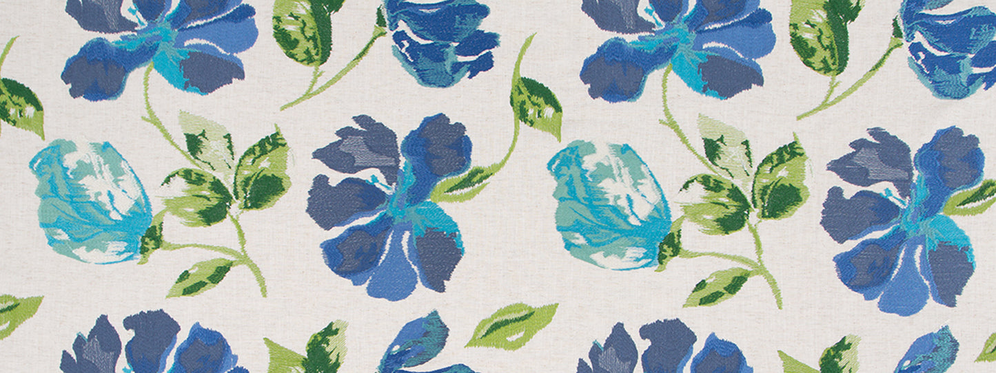 Watercolor floral pattern featuring blue and teal flowers with green leaves on cream background, textile print.